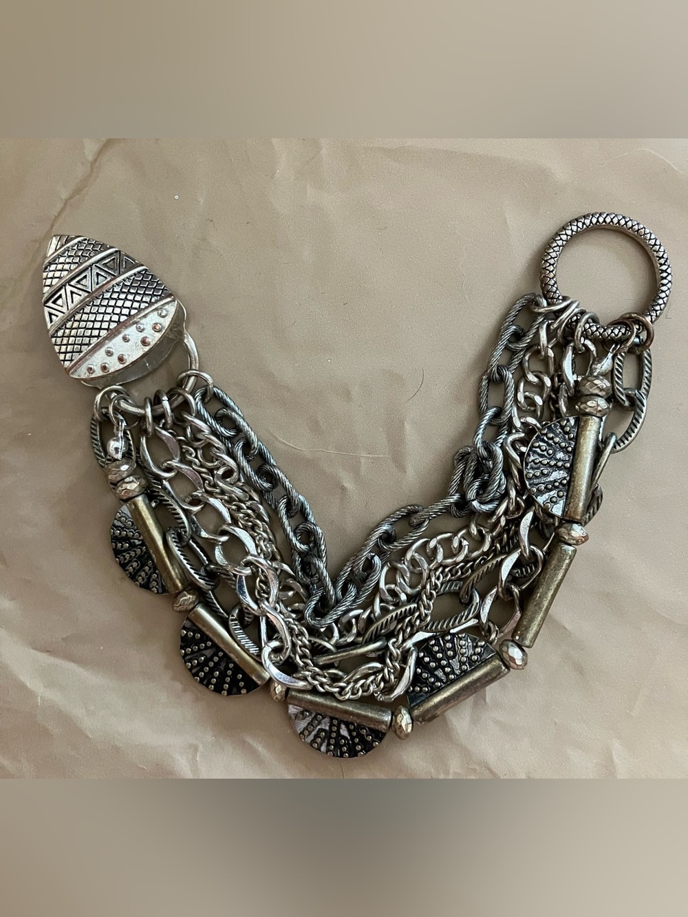 Multi-Chain Silver-Tone Disc Statement Clasp for Sweater, Coat, Cloak